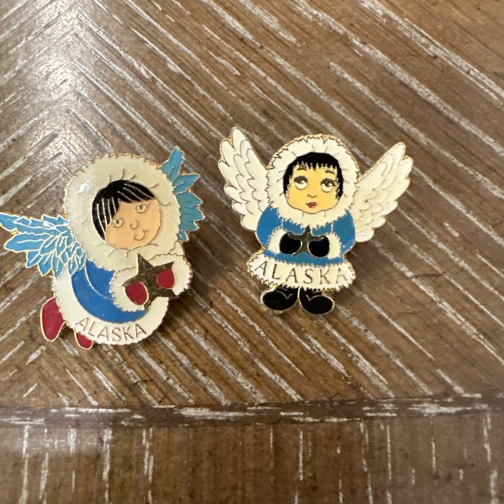 Vintage Alaska Souvenir Enamel Pins Set Angel Arctic Parka Gold Tone Lapel Pins